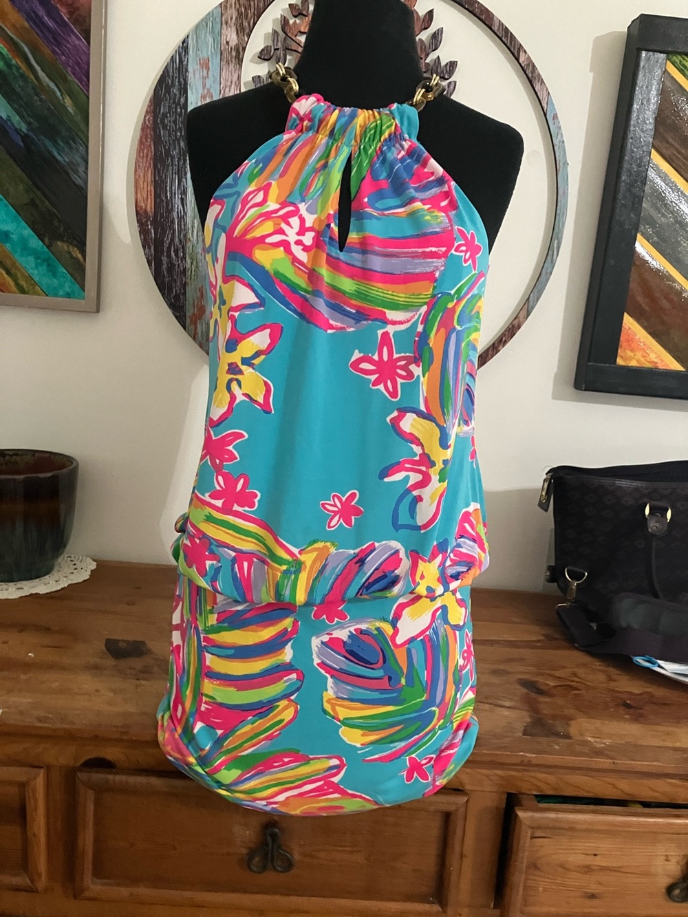 Lilly Pulitzer Turquoise Pink Yellow Multicolor Halter Mini Dress